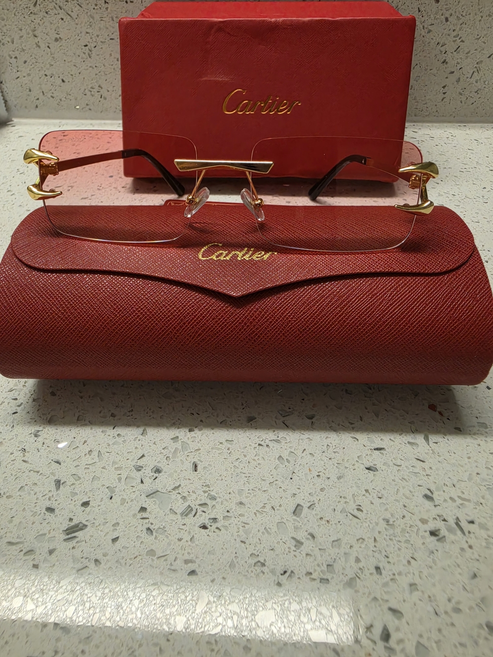Cartier Gold Rimless Women's Sunglasses - Red Case
